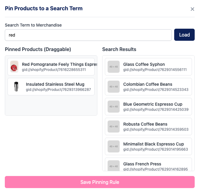 A screenshot showing how to pin a product for a specific search query in the Let Them Find dashboard.